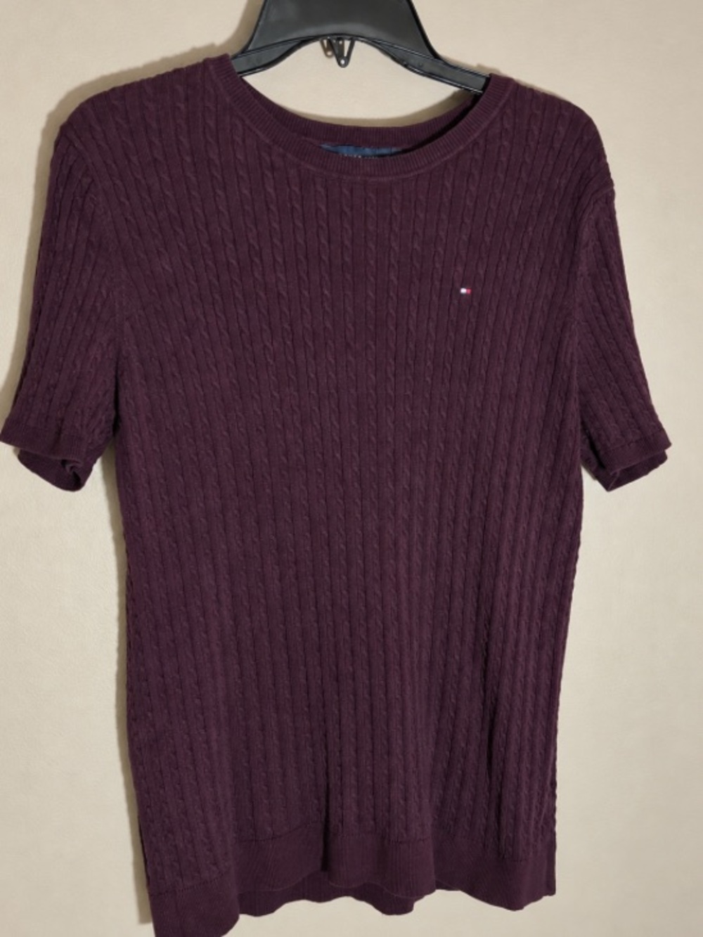 Tommy Hilfiger XL Burgundy Cable Knit Short Sleeve Cotton Sweater